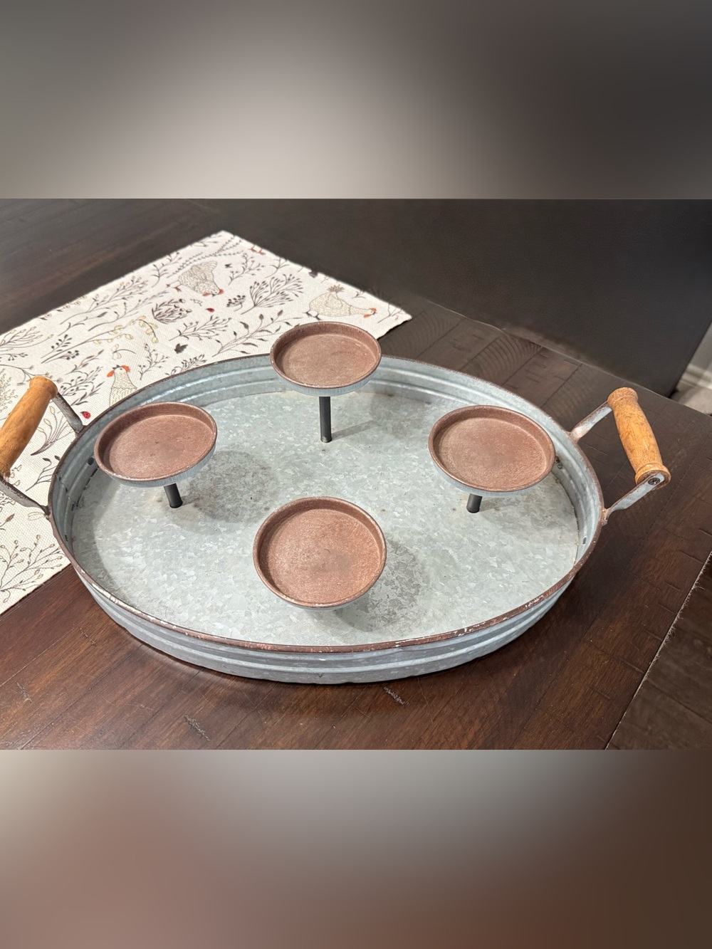 Galvanized Metal Tray with Four Copper-Tone Pillar Candle Holders